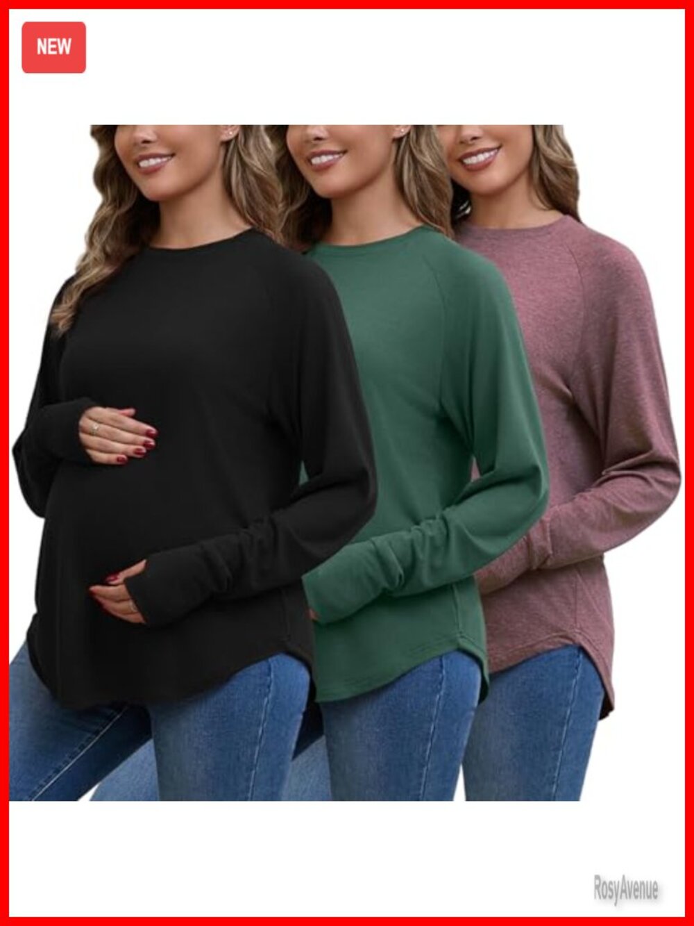 Maternity Long Sleeve Tops 3 Pack Loose Fit Pregnancy Shirts Thumb Holes
